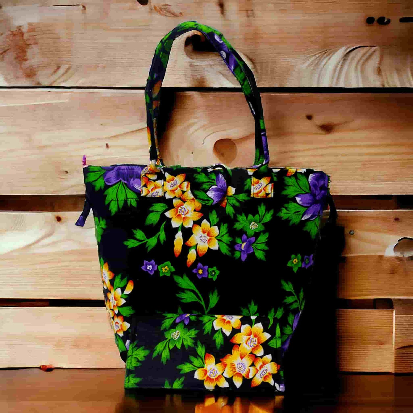 Floral printed black and green combinatin Thamibag with matching purse